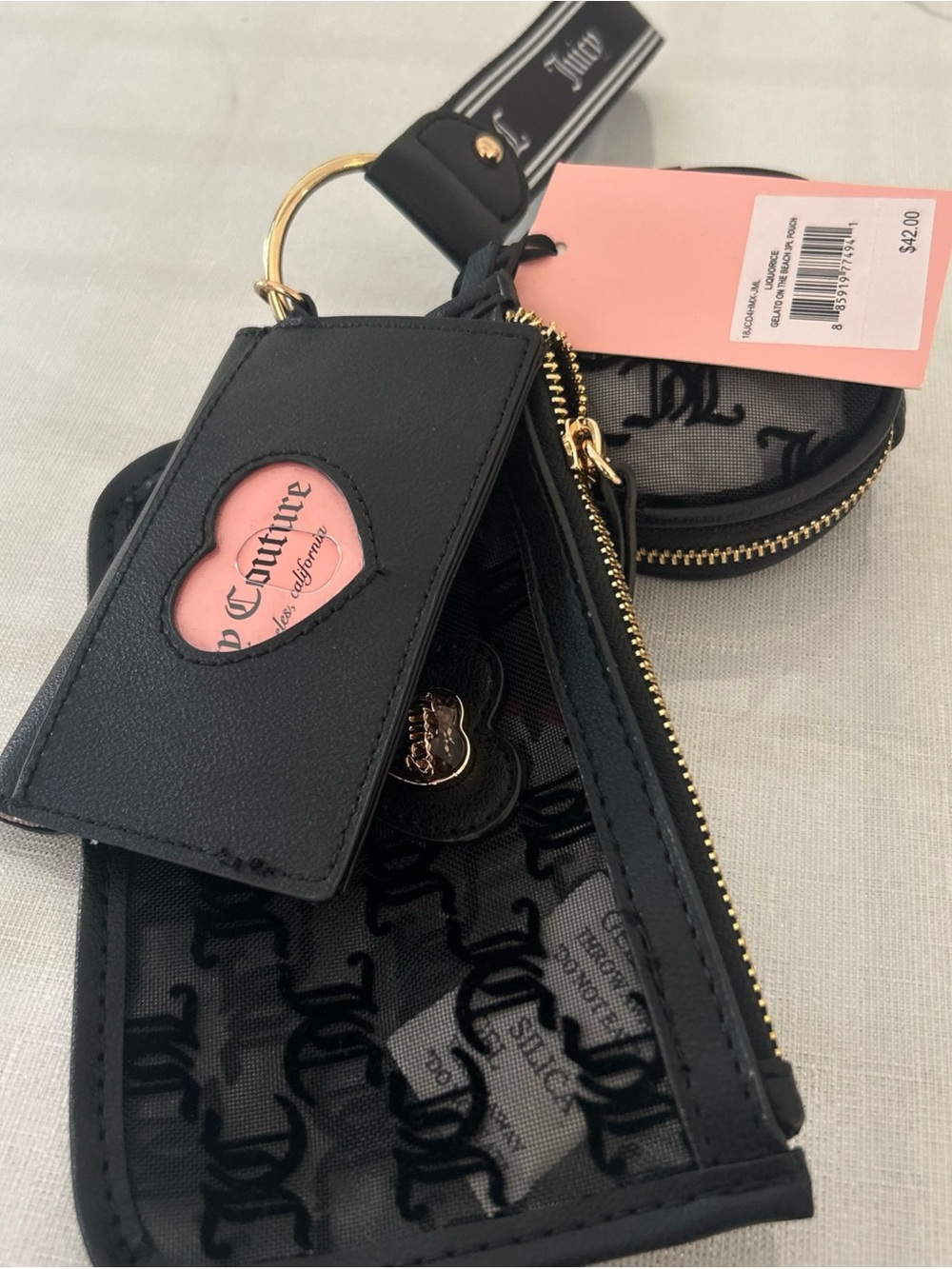 Juicy Couture Black and Pink Heart Window Card Holder with Coin Pouch